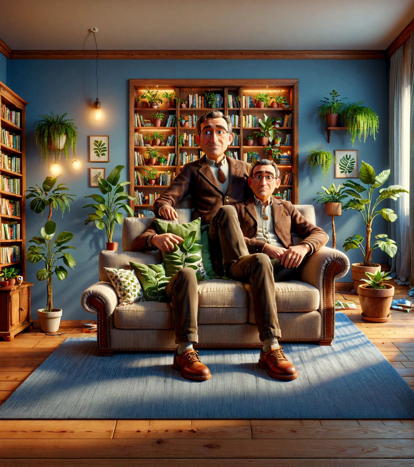 one man sitting on a couch in a living room, casual clothing, photorealistic, high-quality, detailed, warm lighting, comfortable interior, armchair, bookshelf, plants, wood floor, window, detailed facial features, detailed clothing texture, pixar style