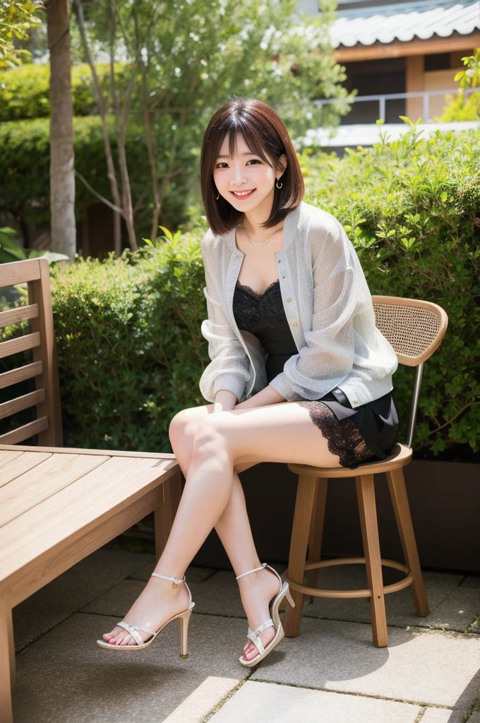 (8K, Realistic, RAW Photos, Highest quality: 1.4),Japanese idol-style beautiful girl,1 person,18-year-old,Short Bob,She has her hair tucked behind her ears,Large, clear grey eyes,Long eyelashes,(piercings(small)),(Lip gloss),lips(Plump,glossy),(Lace tube top),(A short, see-through jacket),(flare skirt),Long legs,Barefoot and high heels,Cafe terrace with a view of the Japanese garden,Sitting on a chair with legs crossed,Smiling at the camera,Front view,Full body portrait