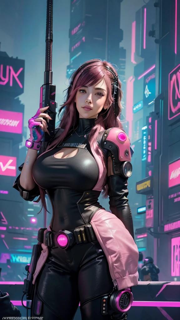 (Top image quality), (8K picture quality),(master piece), (very detailed image textures), (cyber punk perssonage),(beautiful effects), (vibrant colors), (detailed face),(detailed hair), (detailed eyes), (cyberpunk cityscape:1.4), (cyberpunk city landscape:1.5),vivid colors, cinematic lights, cinema shadows, sharp image, bright sprites, (pink neon lights:1.5),flashing red, lightparticle effects, 1 female, 28 years old, ( curvy body 1.3))), (beautiful:1.4), brunette hair,(dark hair:1.3+pink hair:1.2), (confident smile:1.2),(cyberpunk outfit),(Gatling gun:1.2) (photo from bottom up),