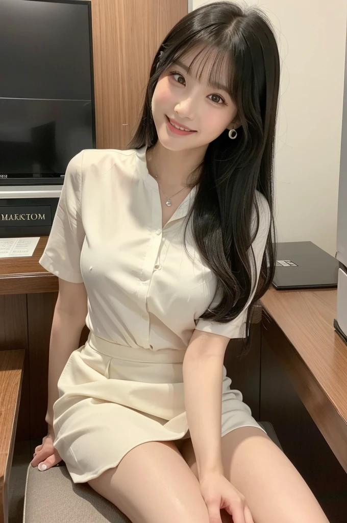 Receptionist at a client company, company receptionist, ((full body)), ((photo)), ((best qualtiy, 8K, tmasterpiece:1.3)), Focus:1.2, perfect figure beautiful girl:1.4, 1girl, cowboy shot, look at viewer, eyes facing the camera, incredibly absurd, beautiful and cute girl with a photorealistic face, showcasing top-quality craftsmanship, A Japanese girl sitting smiling as a receptionist at the reception desk, 19 years old, has long, shiny black hair, straight, with the ends curled slightly inwards, with see-through bangs cut above the eyes, fair and smooth skin, large, round almond-shaped eyes, jet black eyes, long eyelashes, double eyelids, high nose, plump lips, a smile with upturned corners of the mouth, sunken cheeks, a fragile impression, glamorous, well-balanced proportions, tall, 165cm tall, beautiful D-cup breasts, white blouse, beige tight skirt, heeled pumps, pearl necklace and earrings, silver watch, pretty older woman, beautiful, neat, has a cute voice, intelligent, elegant, calm, kind, her hobbies are reading and listening to classical music, February