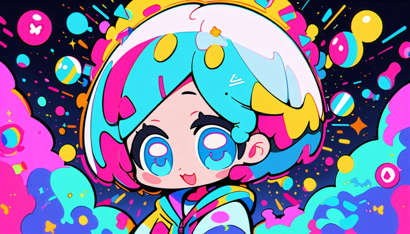 Vibrant art,pop、bright、colorful, 1 female, Light blue hair, short hair、Happy,cute, animation style, kawaii, clearly, colorful cyberpunk, bubblegum pop, cute、Pink and light blue as main colors、I'm cheering loudly、 Headphonesをしている、Headphoneusic、