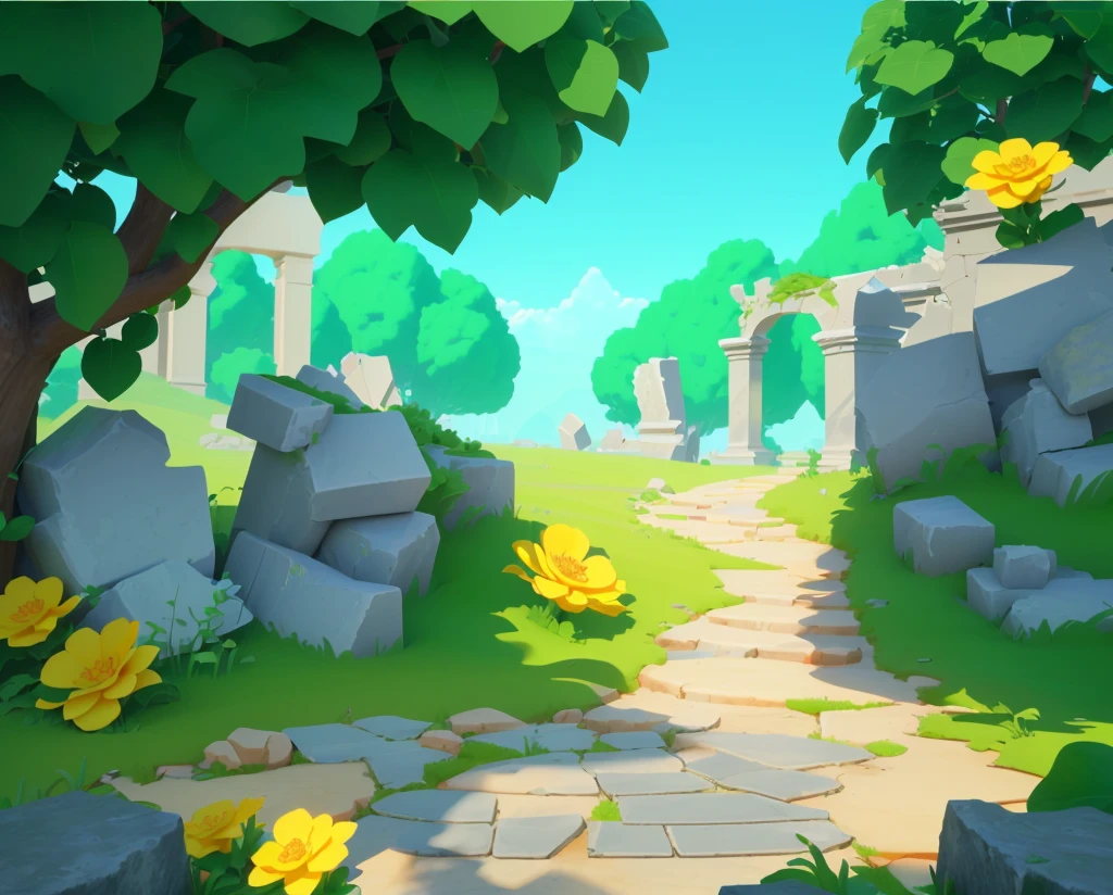 ruins，Stone road，Grass，flower，Vine，European and American cartoon style，Cartoon 3D,梦幻flower园风格，high quality