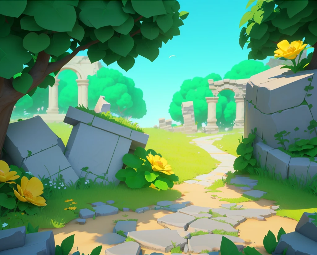 ruins,Stone road,Grass,flower,Vine,European and American cartoon style,Cartoon 3D,梦幻flower园风格,high quality