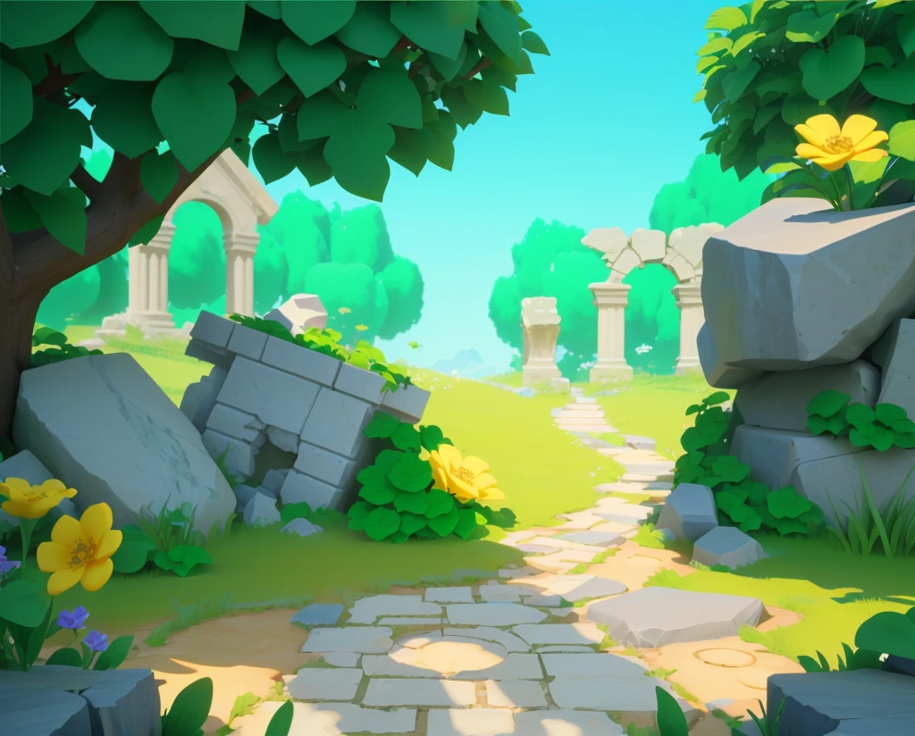ruins,Stone road,Grass,flower,Vine,European and American cartoon style,Cartoon 3D,梦幻flower园风格,high quality