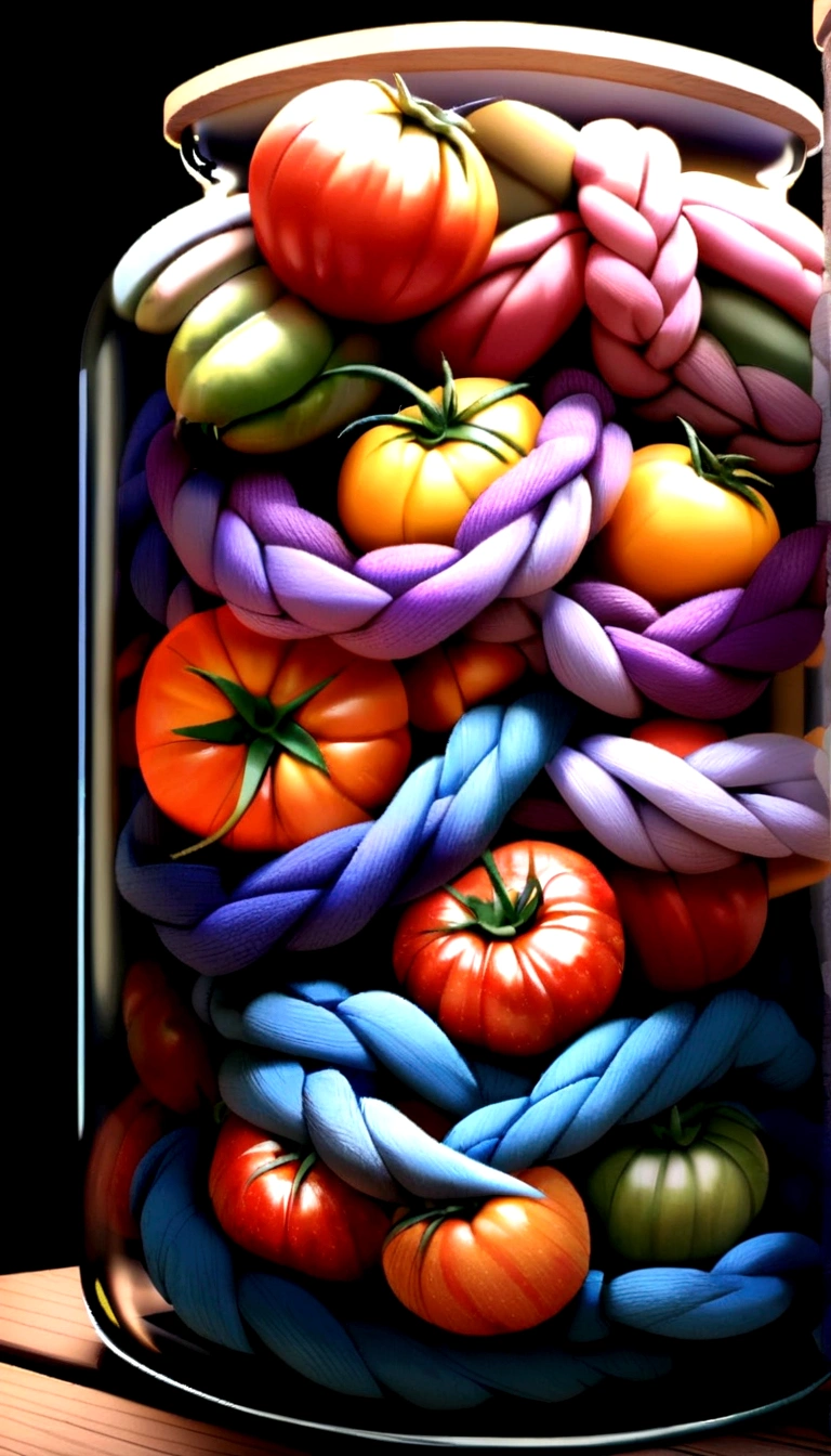 Create a tomato in a jar, where the tomato is cute and beautiful. This jar is on a wooden table with a white background.
