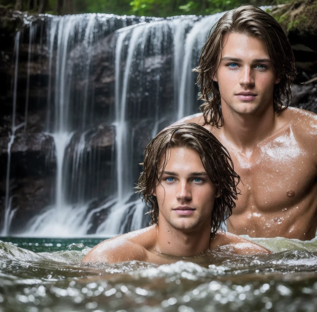 Close-up landon jensen, brown hair, bathing in a waterfall. Perfect skin. Blue eyes, raw photo, wet hair. Real skin. Sexy look. Natural light. Very detailed face. Photorealistic, hyperdetailed, high quality, 8k