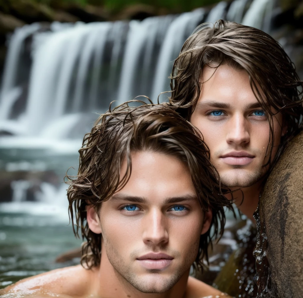 Close-up landon jensen, brown hair, bathing in a waterfall. Perfect skin. Blue eyes, raw photo, wet hair. Real skin. Sexy look. Natural light. Very detailed face. Photorealistic, hyperdetailed, high quality, 8k