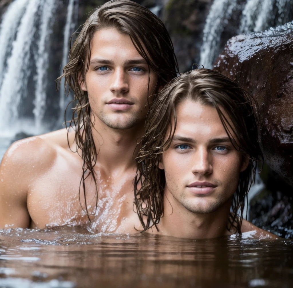 Close-up landon jensen, brown hair, bathing in a waterfall. Perfect skin. Blue eyes, raw photo, wet hair. Real skin. Sexy look. Natural light. Very detailed face. Photorealistic, hyperdetailed, high quality, 8k