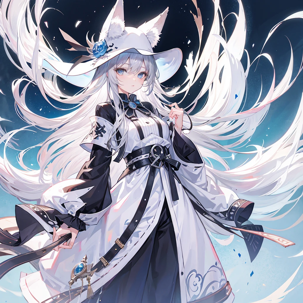 western background , silver hair, long hair, pretty face ,Cowboy hat, white fox ears ,