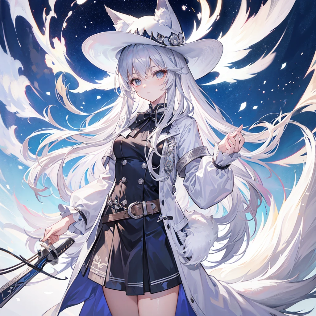 western background , silver hair, long hair, pretty face ,Cowboy hat, white fox ears  , 