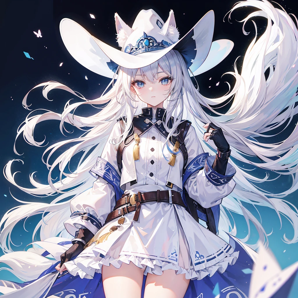 western background , silver hair, long hair, pretty face ,Cowboy hat, white fox ears  , 