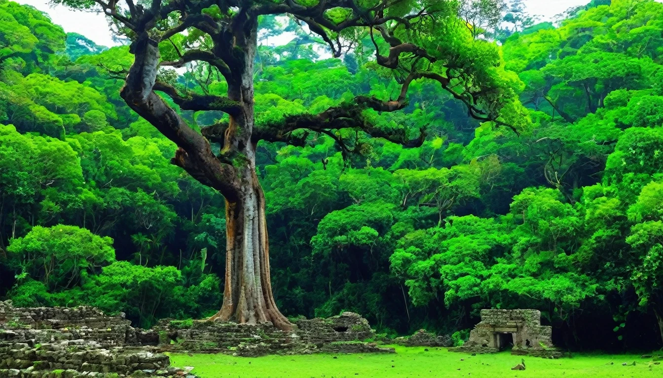 The tall tree outside the ruins, with the surrounding lush forest