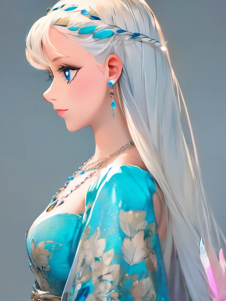 opal diamond, 1girl, solo, jewelry, gem, long hair, earrings, profile, from side, hair ornament, upper body, feathers, blue eyes, necklace, crystal, white background