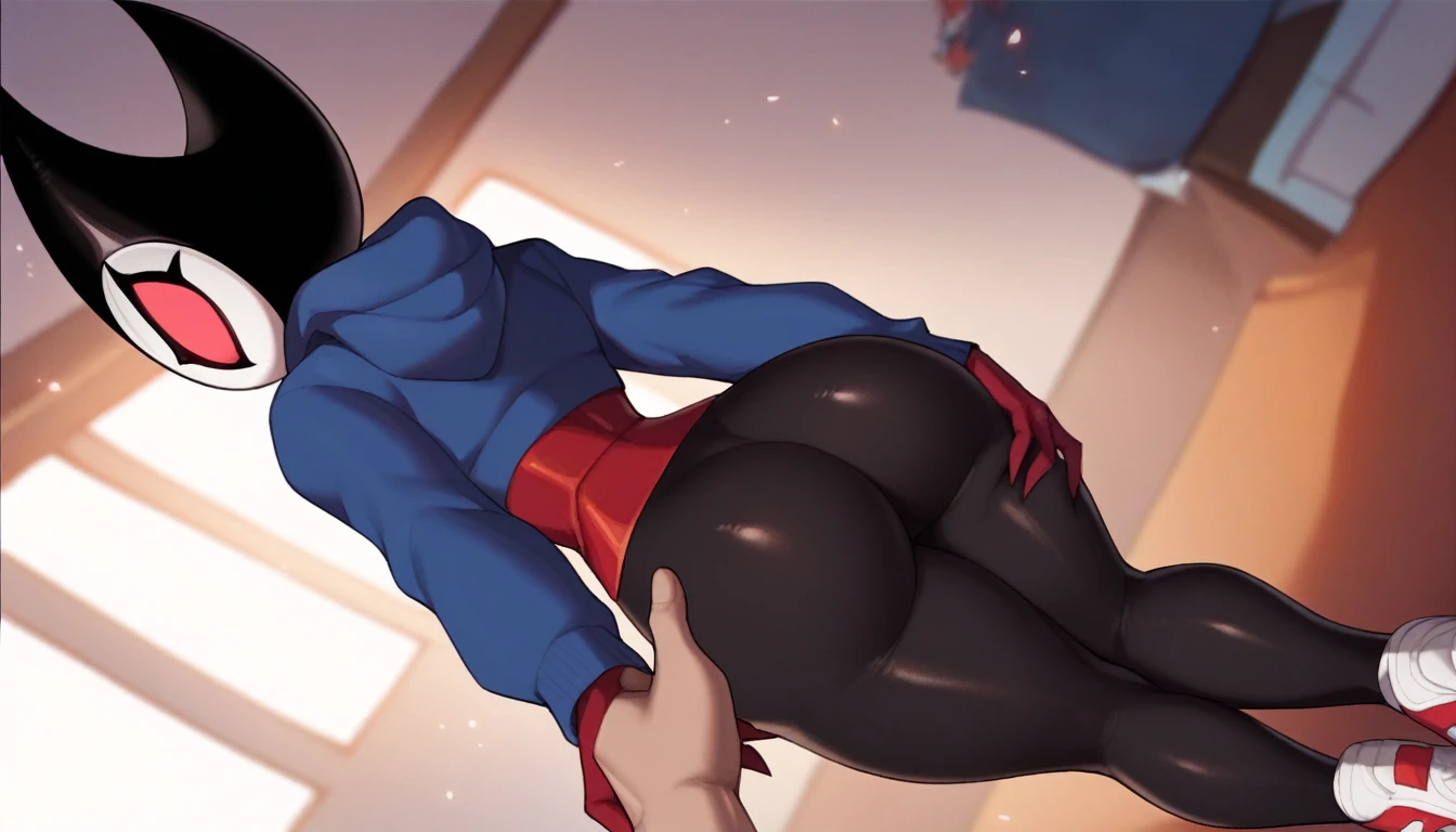 score_9, score_8_up, score_7_up, score_6_up, zPDXL2, grimm \(hollow knight\), vampire, bat, 1boy, solo, cute face, detailed eyes, portrait, thick thighs, anthro, thick ass, pov, tight black sports pants, cinematic angle, blue large hoodie, seductive pose, red sports gloves, pov, sneakers, dick, background, seductive look, excited, cinematic angle, highlight buttocks, highlight thighs, living room, hand grabbing thigh, cute angry