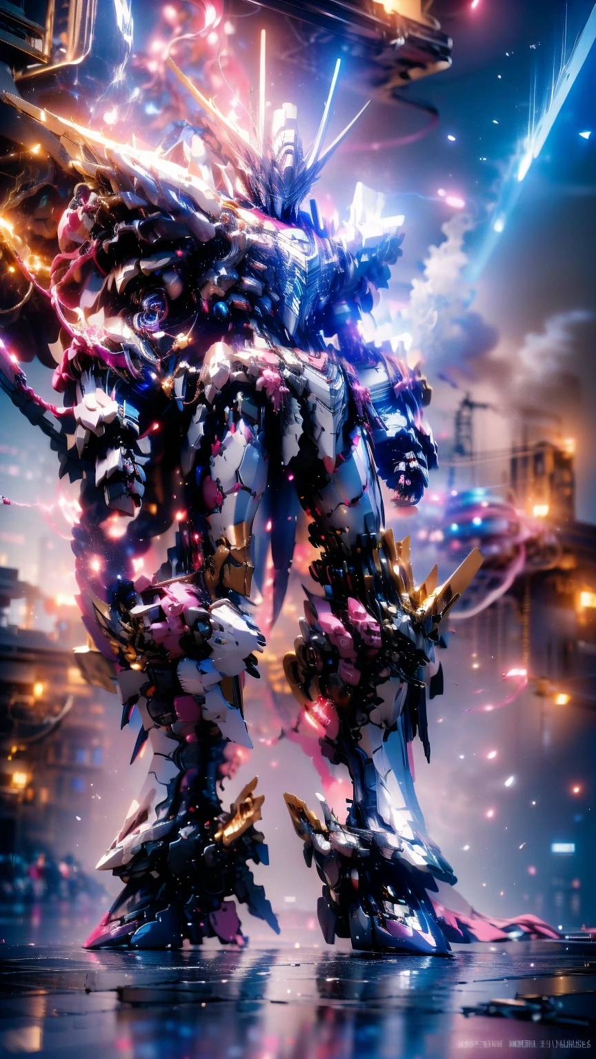 Real、high resolution、8K、The Strike Freedom Gundam stands in space emitting pink light particles.、Particles of light surround the aircraft、Facing the camera、Female humanoid giant robot、