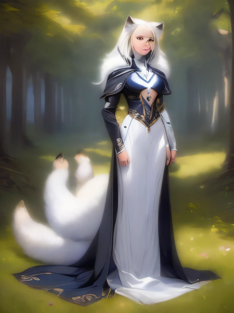 (((solo exhibition)), white and gold clothes, lots of decorated costumes, (full body) Take photos of the most beautiful artwork detailed, Intricate details, High detail, Ultra realistic, Hidden armor,  proportions, Realistic anthropomorphic art, (Anthropomorphic art!!!, (((Female Human Arctic Fox priest)), Forest, very, very beautiful human art, realistic, 8k, no human hair, no repetition, no repeating tail, no clones, no big heads