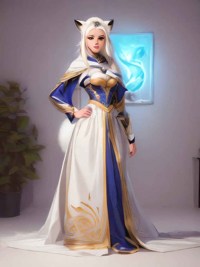 (((solo exhibition)), white and gold clothes, lots of decorated costumes, (full body) Take photos of the most beautiful artwork detailed, Intricate details, High detail, Ultra realistic, Hidden armor, proportions, Realistic anthropomorphic art, (Anthropomorphic art!!!, (((Female Human Arctic Fox priest)), Forest, very, very beautiful human art, realistic, 8k, no human hair, no repetition, no repeating tail, no clones, no big heads