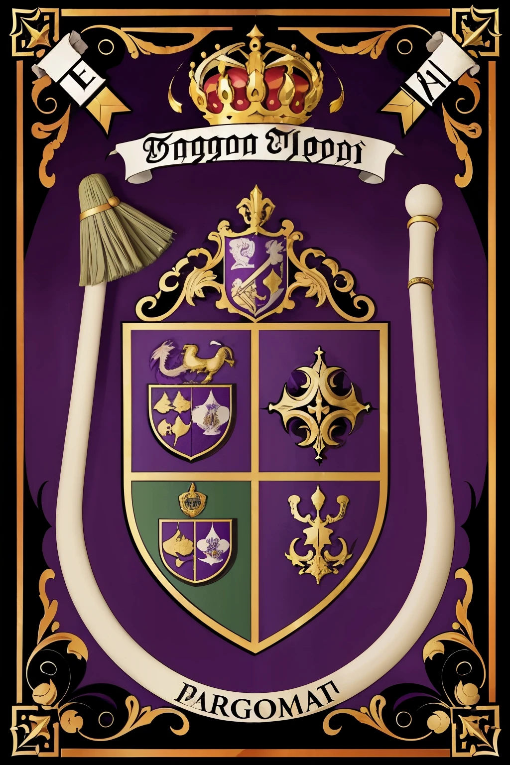 1 medieval coat of arms with 1 dragon, a broom, herbs and a book, Inside the coat of arms,in purple colors, black and gold.