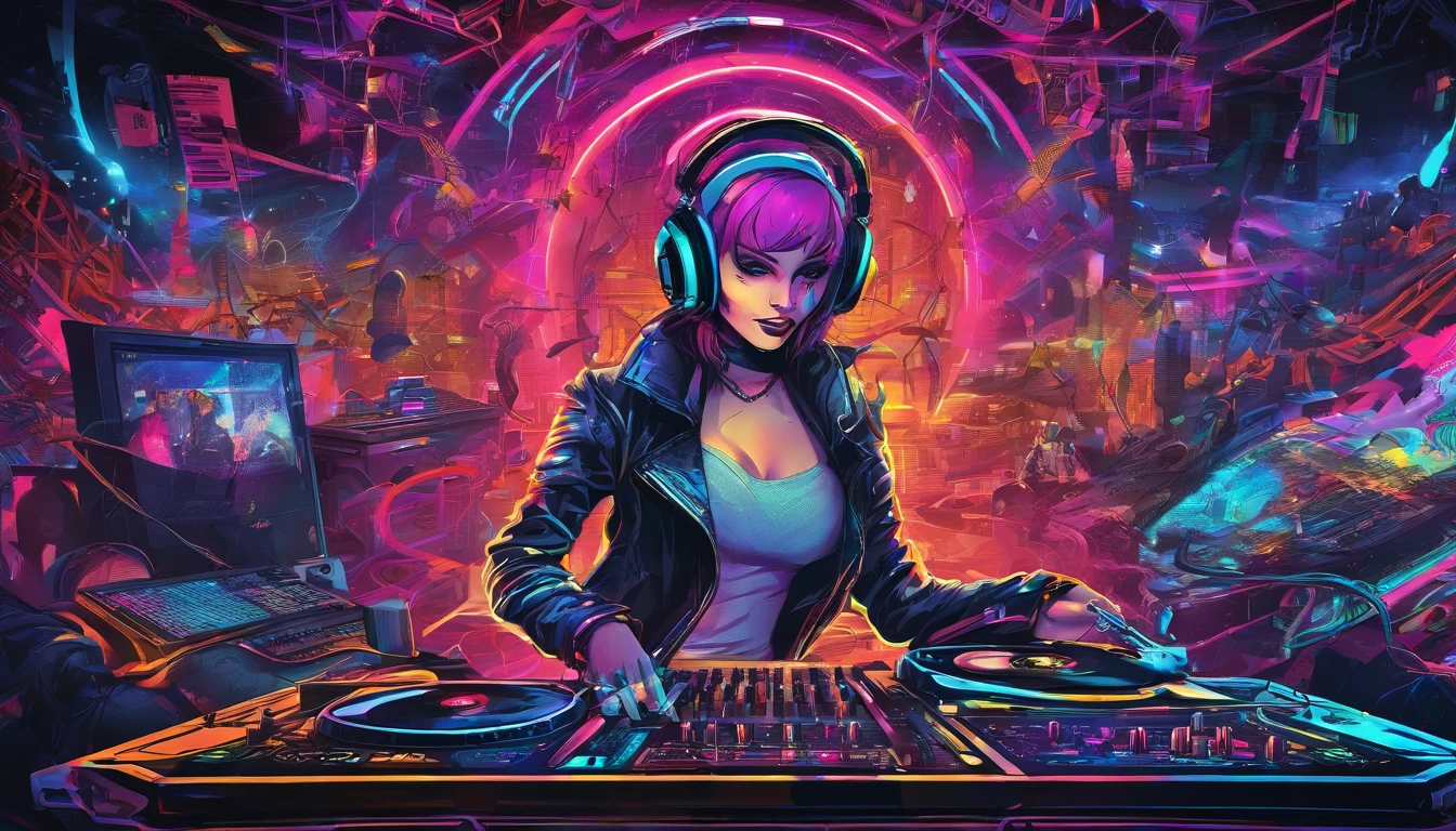  hyper-realistic ,cyber grunge,synth-Borg, ominous, Psychedelic,new school female DJ, places a record upon turn tables, instruments  changing Shape, forming into demonic entities,  intense imagry, with manic energy, full of passion, offputing and vy66⁴expression, wearing vampire clothes integrated with modern cyberpunk dj costumes, complete with headphones and mic, tattooed cleavage, tattooed arms. DJ musical instruments are so sophisticated, neon cables everywhere, colorful neon cables add a futuristic impression that is so strong, psychedelic, neon wires, colorful, energy, sweat, crowd, epic futurism, crazy, explosive, high_res, very detailed
