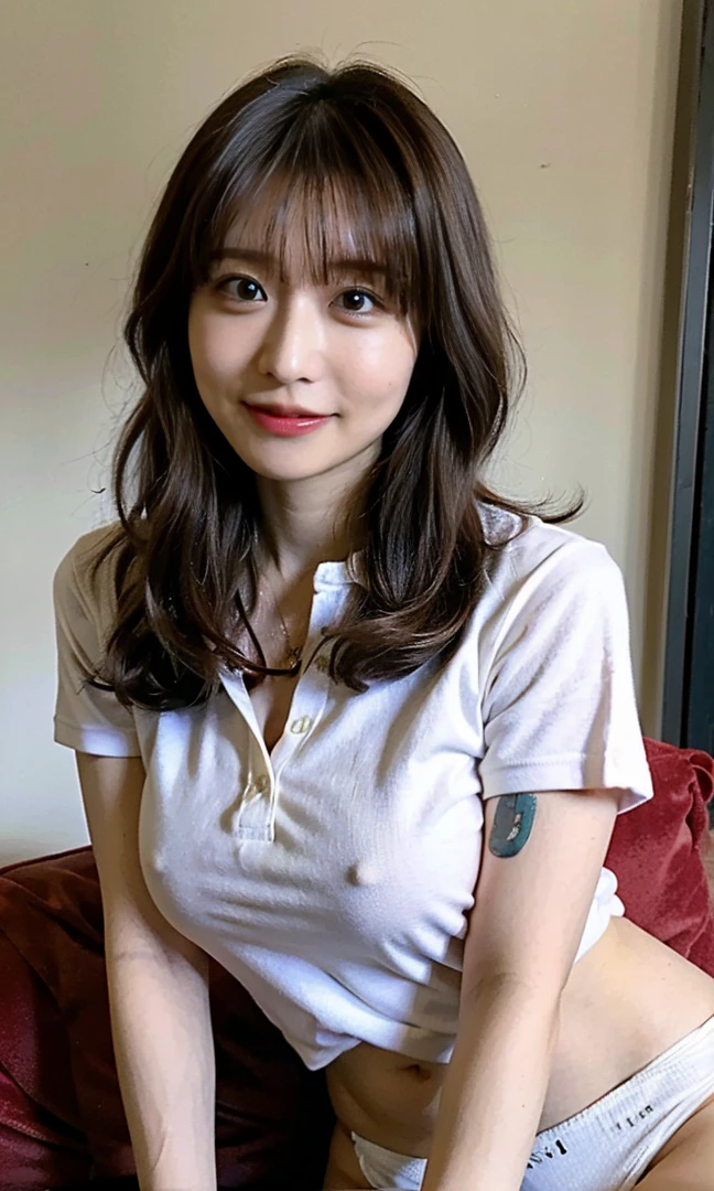 .(((Masturbation in the gym、Sitting on the mat and masturbating、Luxurious panties、Seductive waist、Shoulder-length hair:1.4))).((A classy white shirt with a collar、Standing photo、Medium Hair、服の上からでもわかるBig Breasts、Both hands are in front of the belly button、A photo of panties visible through a short polo shirt、Roll up your shirt with your hands、She is wearing a white polo shirt and luxurious white panties.、:1.4))、In the living room、Cream Hair Color、Her huge breasts are obvious even through her clothes...、Small earrings、Light brown hair color、:1.4))、Shiny Hair、Light beige hair color、Background Blur、Light brown hair、{{Cowgirl Shot}}、((Close-up shot from the waist up、Big Breasts:1.4))、Big Breasts、にっこりsmile、服からでも分かるBig Breasts、Cowboy Shot、素敵なsmile、((Revealing clothing))、Full body photo、ring、Tuck your hair behind one ear、Silver Necklace、smile、Caustics、Highly detailed photos、Big Breasts、Super no makeup、(8K、RAW Photos、Highest quality、masterpiece:1.2)、(Realistic、Realistic)、1 Girl、((Big Breastsショートヘア、Looking into the camera:1.4))、Hair blowing in the wind