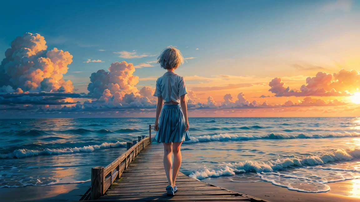 The image showcases a serene coastal setting with a solitary figure standing on a pier. The person is wearing a white shirt and a blue skirt,and their short hair is bobbed. They are facing away from the viewer,looking out over the vast blue ocean. The sky is partly cloudy,and the overall color palette is dominated by blues,whites,and soft oranges. The sun casts a gentle glow,highlighting the water's reflections and the pier's details..,masterpiece, best quality, reflect, puppy dog is playing