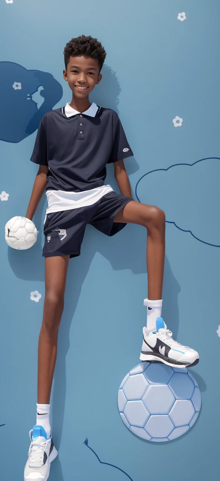 15-year-old boy,(Wearing white tennis clothes,Black socks on feet),Dark skin,Big round eyes,Very short hair,Tall and skinny,Toothy Smile,Sharpen details,Knee muscle lines,Blue Background