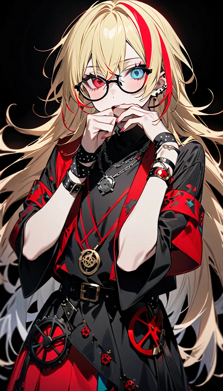 (((masterpiece,Highest quality))),(((スチームパンク風でVisual Keiの黒を基調とした衣装の短い髪のアニメの中性的な男性))),((Androgynous but male)),(((Visual Kei))),(((red and blonde streaked hair))),highlights hair,((Wears stylish, thick-framed glasses)),((Blue and red heterochromia)),((Clock and gear motif necklace,A brooch with a clock and gear motif)),((Hands on mouth)),Cruel Laughter,(((Black Background))),Focus on the whole body,(high quality),アニメ