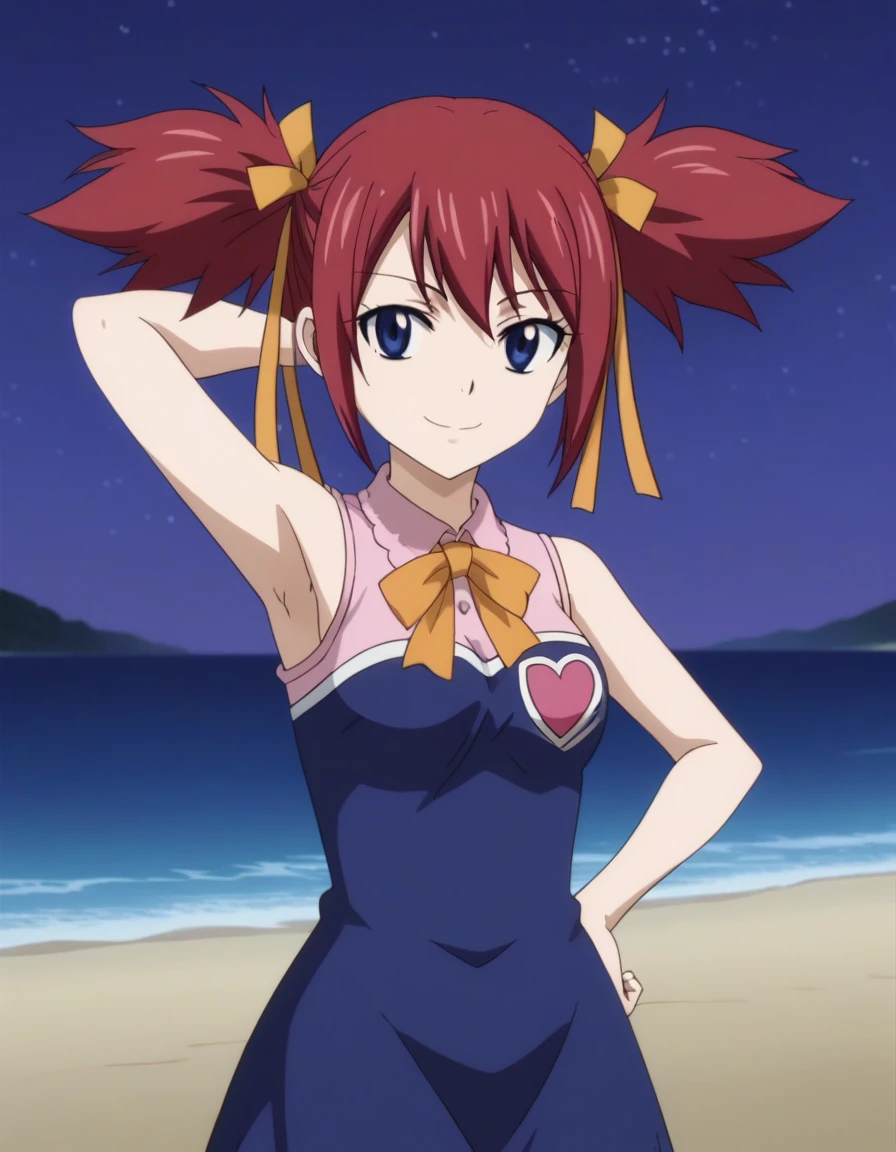 chelia_blendy, source_anime, rating_safe, intricate details, anime screencap, anime coloring, 1girl, solo, red hair, blue eyes, ribbon, hair ribbon, twintails, short twintails, looking at viewer, solo, contrapposto, spread armpit, arm behind head, hand on hip, smile, looking at viewer, (cowboy shot:1.5), closed mouth, night sky, beach, high quality,