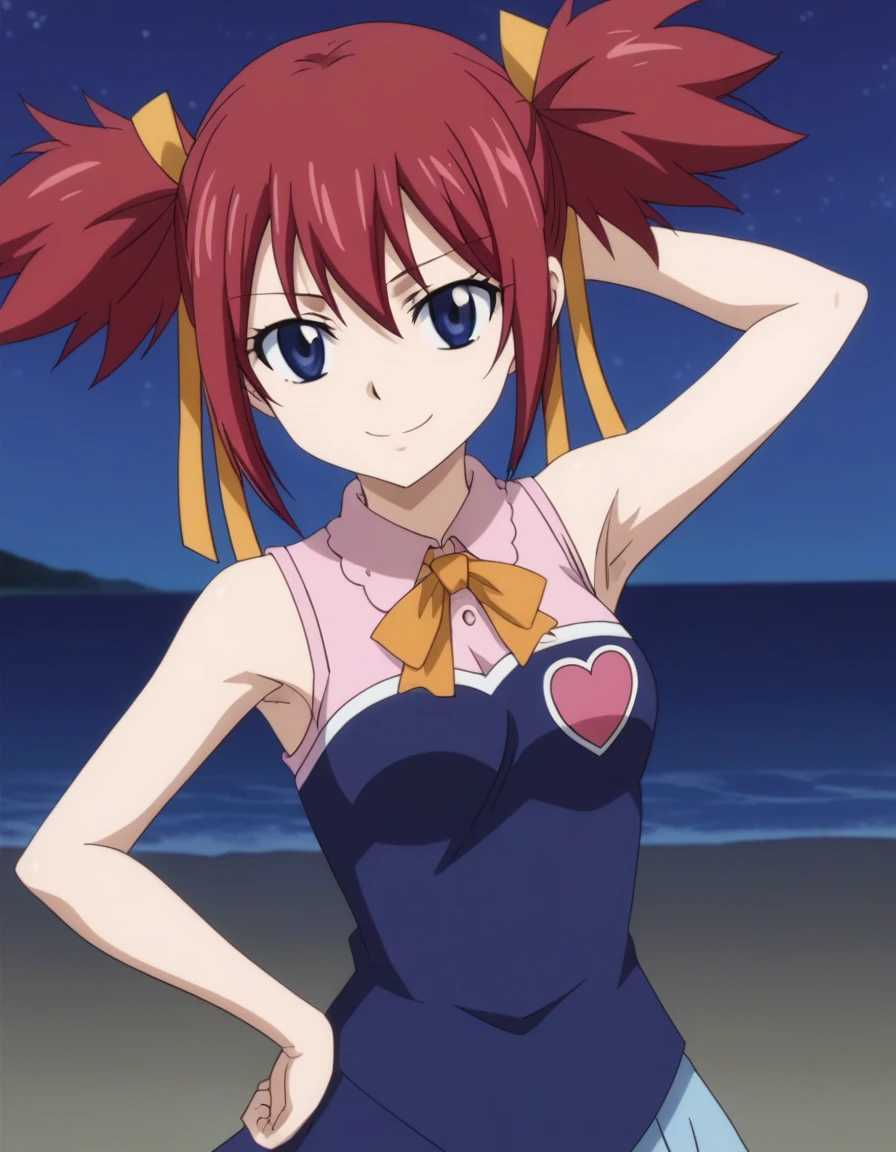 chelia_blendy, source_anime, rating_safe, intricate details, anime screencap, anime coloring, 1girl, solo,  red hair, blue eyes, ribbon, hair ribbon, twintails, short twintails, looking at viewer, solo, contrapposto, spread armpit, arm behind head, hand on hip, smile, looking at viewer, (cowboy shot:1.5), closed mouth, night sky, beach, high quality,