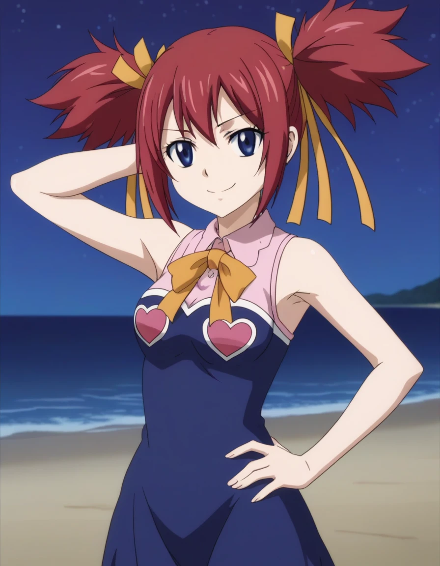 chelia_blendy, source_anime, rating_safe, intricate details, anime screencap, anime coloring, 1girl, solo, red hair, blue eyes, ribbon, hair ribbon, twintails, short twintails, looking at viewer, solo, contrapposto, spread armpit, arm behind head, hand on hip, smile, looking at viewer, (cowboy shot:1.5), closed mouth, night sky, beach, high quality,