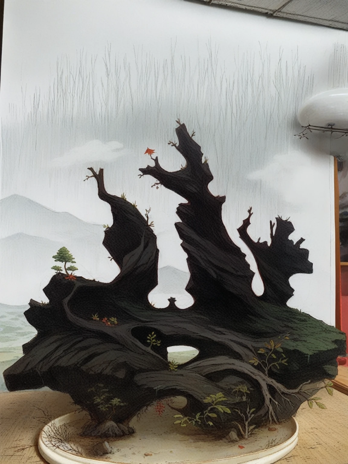 In your own open-air yard, In the yard, There are black pine bonsai, Rhododendron bonsai, Red leaf bonsai, The owner of the yard is pruning the bonsai, Bonsai should have a close-up, Mountains and streams across the yard, And the resulting picture should be authentic,Close to life Characters to be pruned bonsai