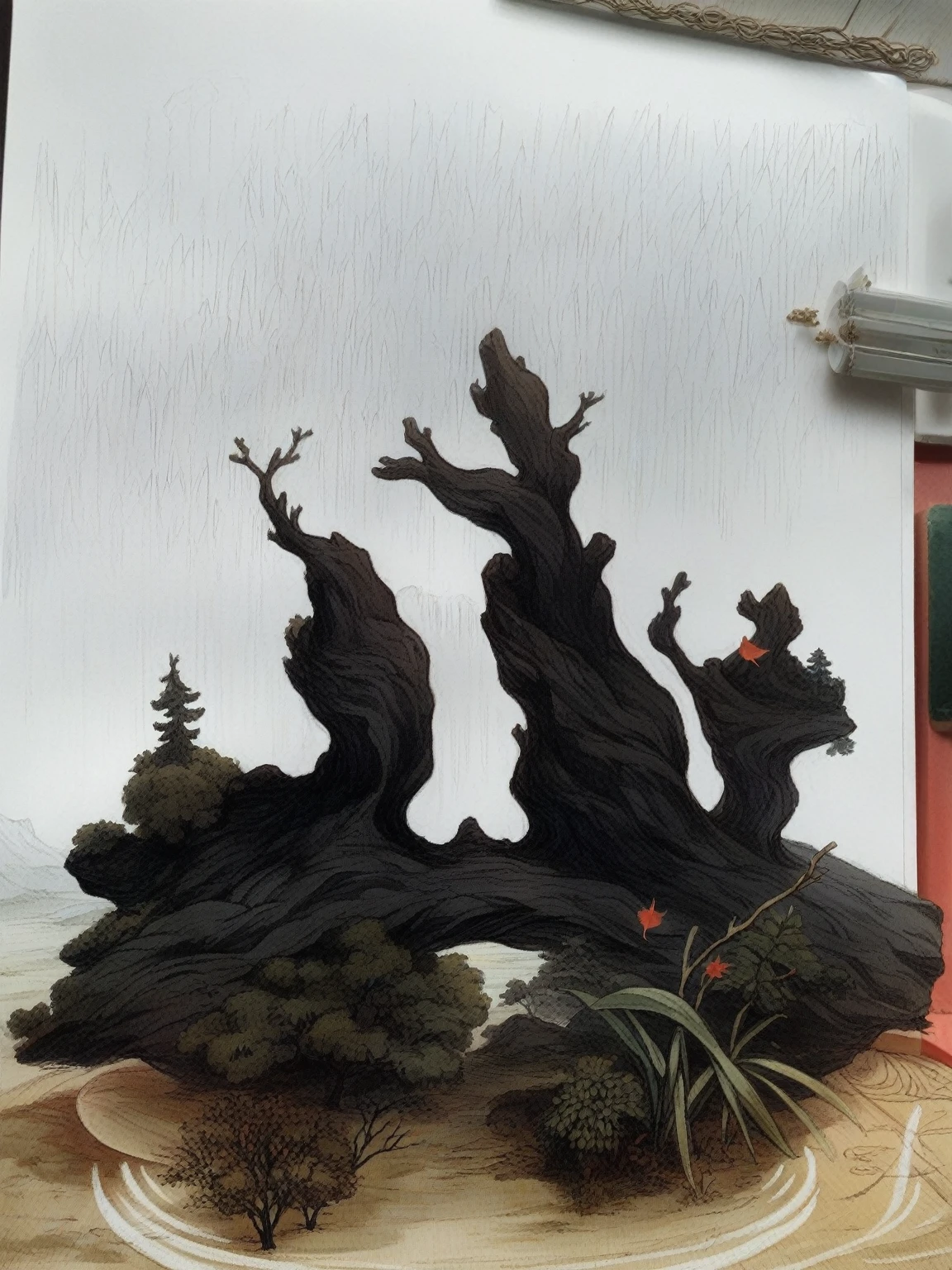 In your own open-air yard, In the yard, There are black pine bonsai, Rhododendron bonsai, Red leaf bonsai, The owner of the yard is pruning the bonsai, Bonsai should have a close-up, Mountains and streams across the yard, And the resulting picture should be authentic,Close to life Characters to be pruned bonsai
