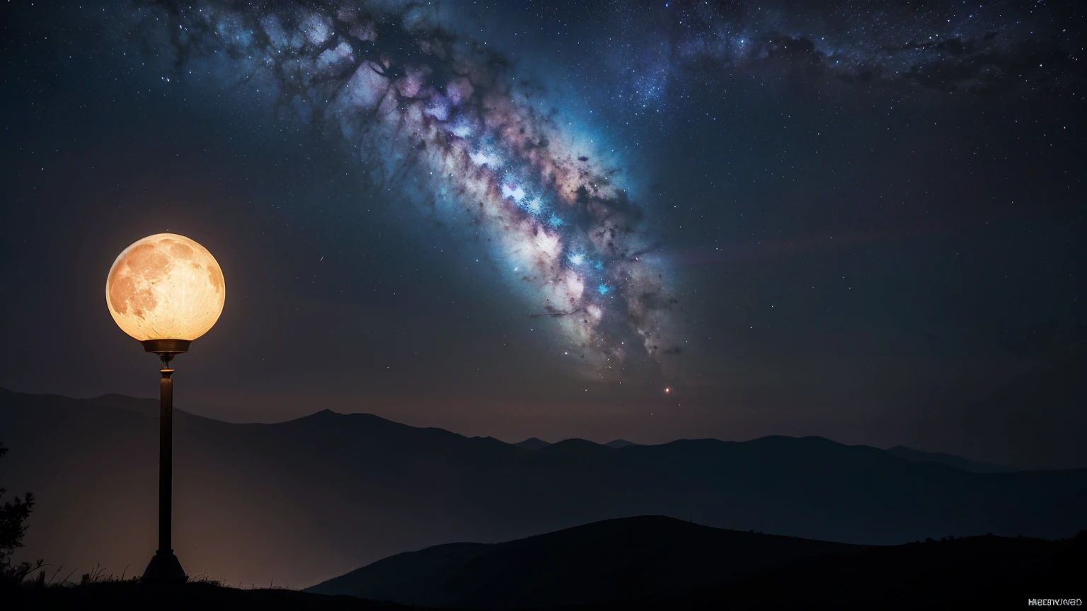 Wide Landscape Photos, (Looking from the bottom up, The sky is above, There is open space below), (Full Moon: 1.2), (meteor: 0.9), (nebula: 1.3),Handmade art, (暖lamp: 1.2), (firefly: 1.2), lamp, Lots of color, Intricate details, Volumetric LightingBREAK (masterpiece: 1.2), (best quality), 4K, Extremely detailed, (Dynamic Combination: 1.4), Rich in details，Colorful, (Rainbow Colors: 1.2), (glow, Ambient Lighting), Like a dream, magic, (solitary: 1.2)