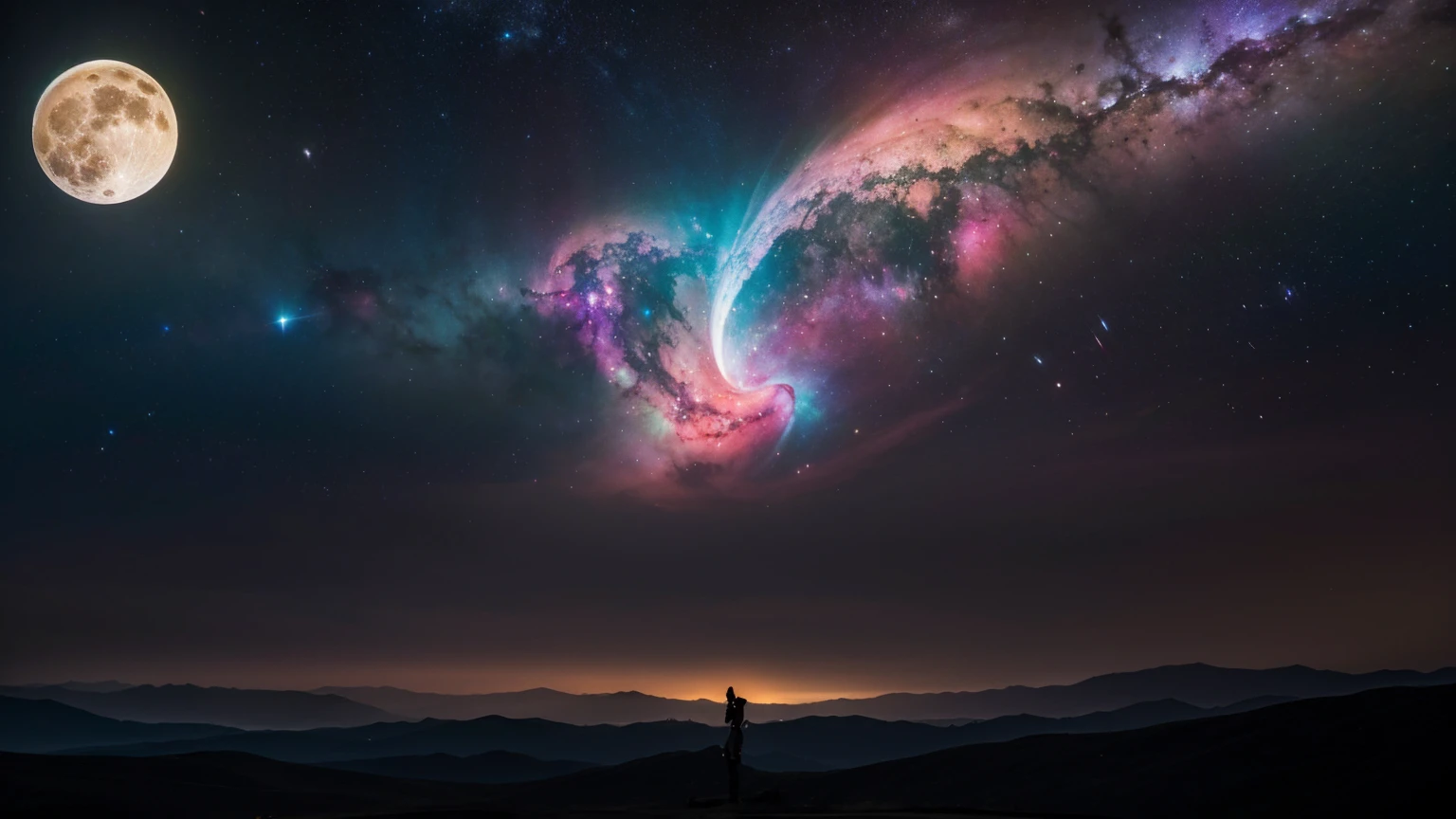 Wide Landscape Photos, (Looking from the bottom up, The sky is above, There is open space below), (Full Moon: 1.2), (meteor: 0.9), (nebula: 1.3),Handmade art, (暖lamp: 1.2), (firefly: 1.2), lamp, Lots of color, Intricate details, Volumetric LightingBREAK (masterpiece: 1.2), (best quality), 4K, Extremely detailed, (Dynamic Combination: 1.4), Rich in details,Colorful, (Rainbow Colors: 1.2), (glow, Ambient Lighting), Like a dream, magic, (solitary: 1.2)