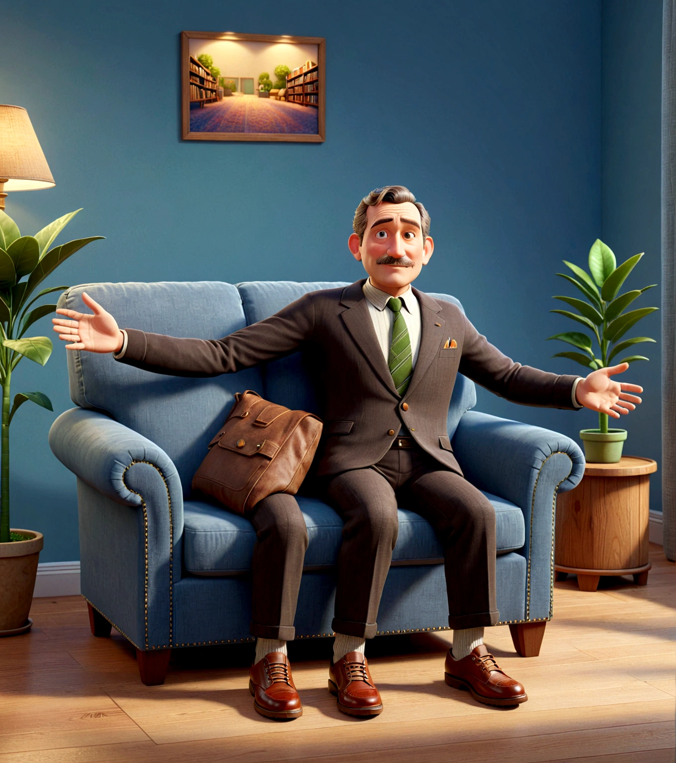 one man sitting on a couch in a living room, casual clothing, photorealistic, high-quality, detailed, warm lighting, comfortable interior, armchair, bookshelf, plants, wood floor, window, detailed facial features, detailed clothing texture, pixar style