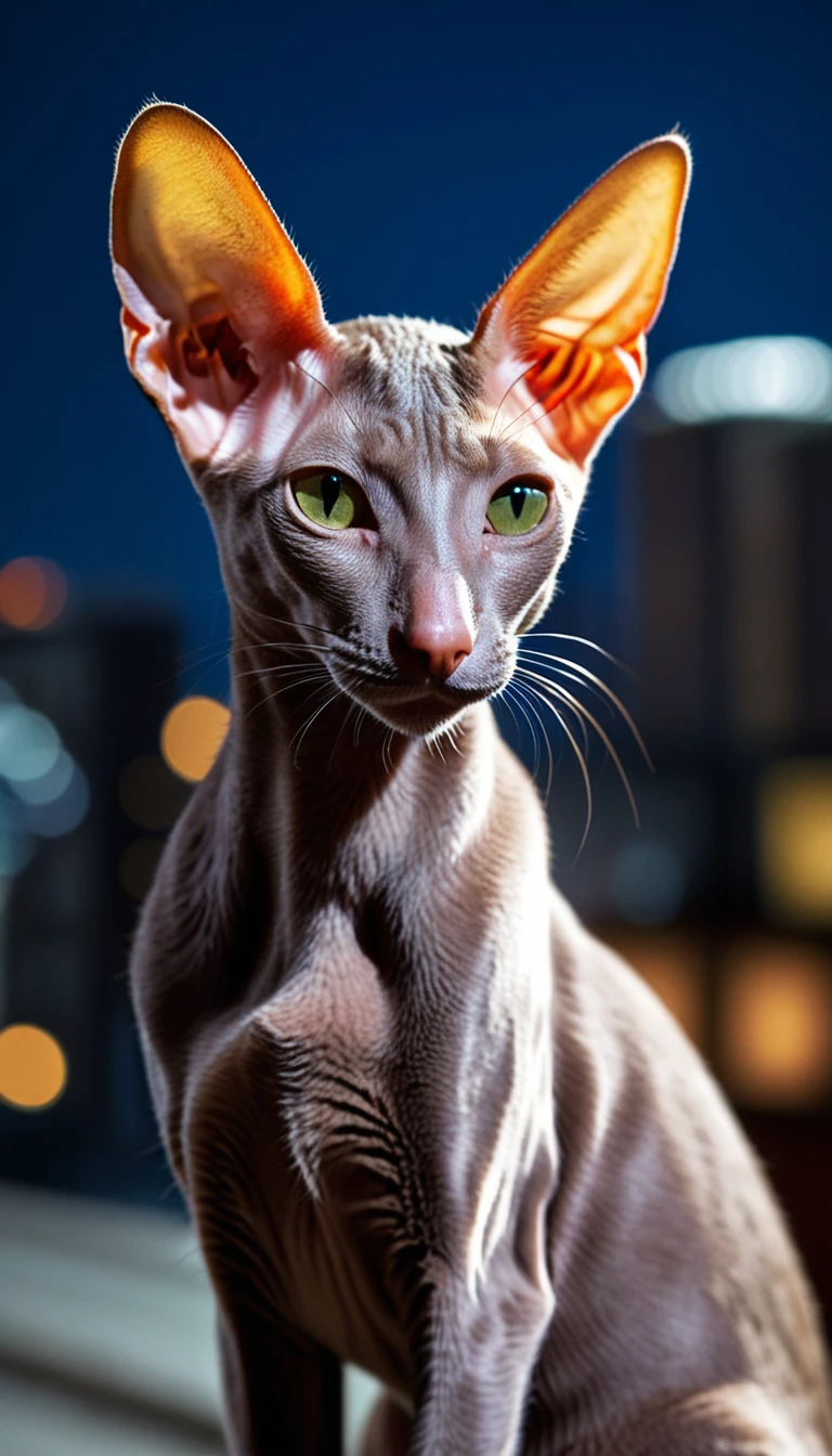 There is no one, realistic photo, photo realism, realism,  Oriental Shorthair (Oriental Shorthair) cat, perfect composition, intricate details, Very sharp, masterpiece, profile, high resolution, looking at the viewer, full body photo in city night view