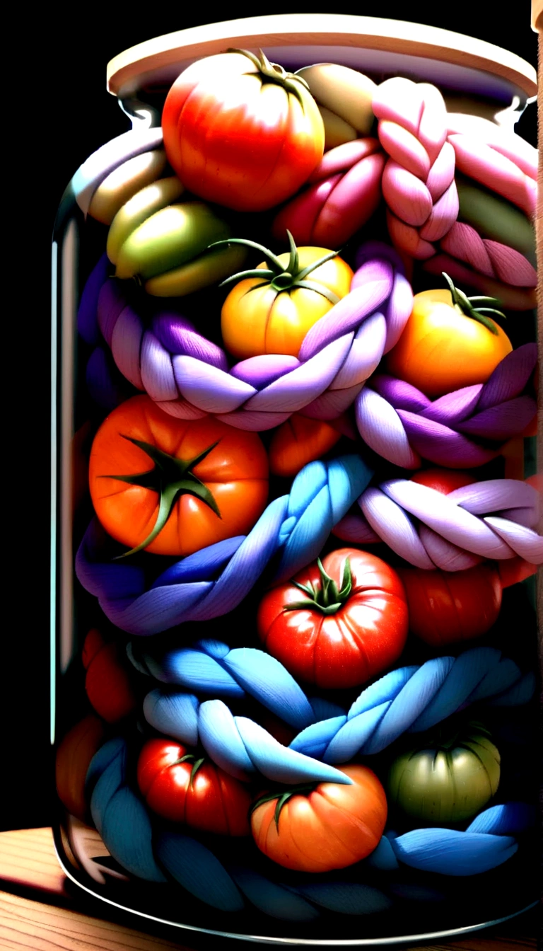 Create a tomato character in a jar, where the tomato is cute and beautiful. 