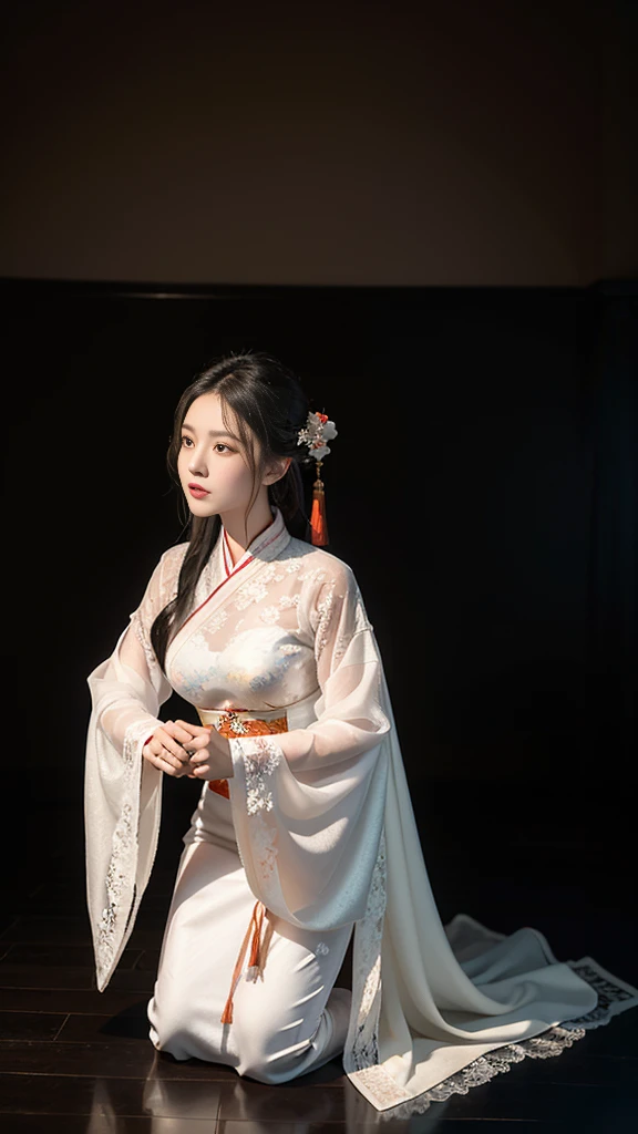 Chinese ancient style，18-year-old beauty，Quiet，Kneeling on the ground，blushing，Expression，White lace hanfu，Sexy bra，Dark background，Ancient style house，Large bust，Depiction，enchanting。Masterpiece，8K，Very close observation，细致Depiction