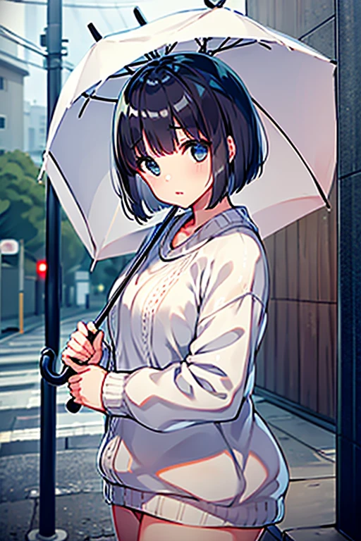 heavy rain、Heavy Rain、A cute girl with an umbrella,Umbrellas in large quantities 、Short hair and white Summer knitwear, Summer knitwear, short hair, short hair with bangs,, Best image quality, masterpiece、In town、Pull composition、