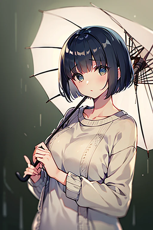 heavy rain、Heavy Rain、A cute girl with an umbrella,Umbrellas in large quantities 、Short hair and white Summer knitwear, Summer knitwear, short hair, short hair with bangs,, Best image quality, masterpiece、In town、Pull composition、