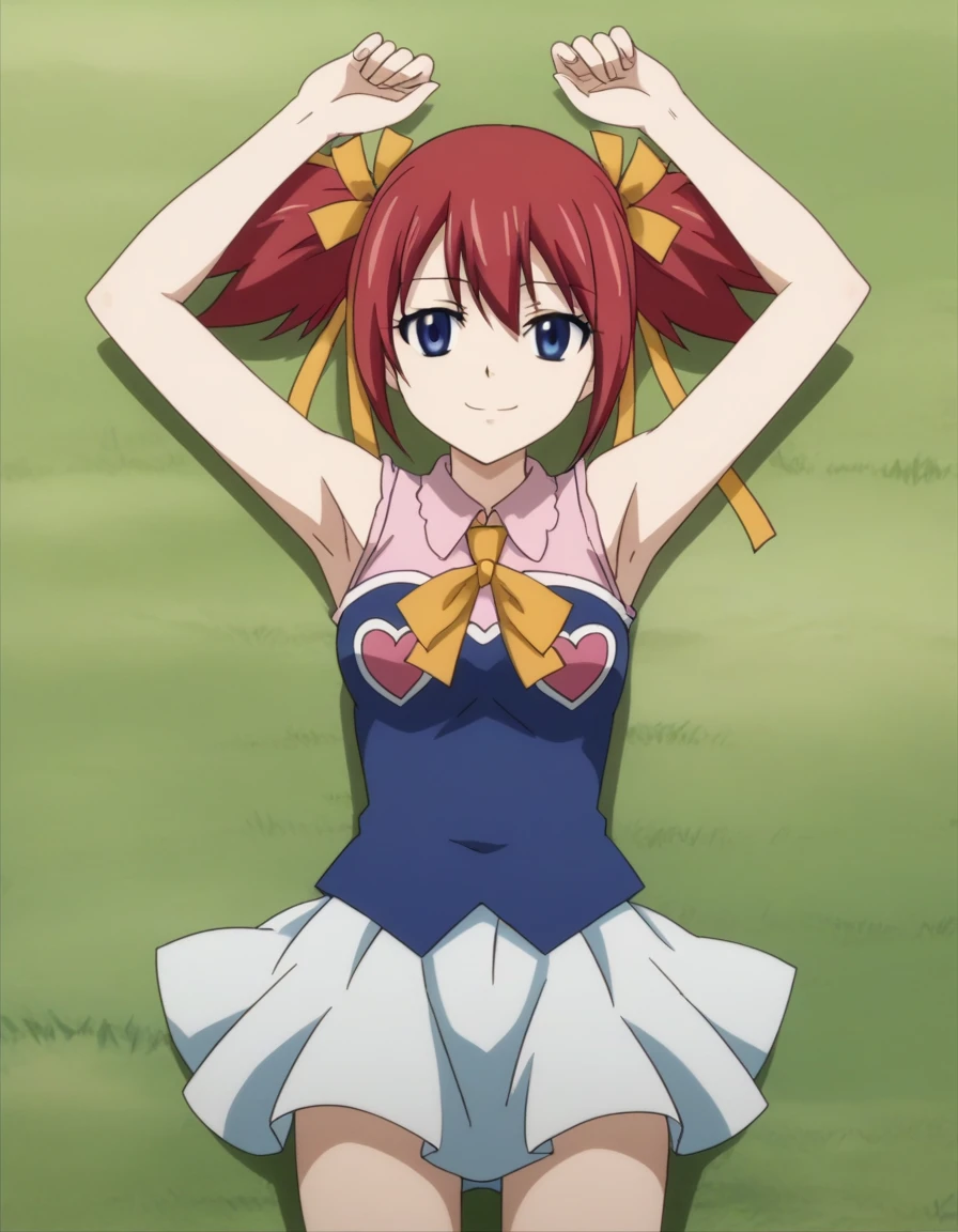 chelia_blendy, source_anime, rating_safe, intricate details, anime screencap, anime coloring, 1girl, solo, red hair, blue eyes, ribbon, hair ribbon, twintails, short twintails, looking at viewer, high quality, solo, lying, on back, arms up, spread arms, closed mouth, on grass, center, (cowboy shot:1.5), looking at viewer, suggestive smile, best quality