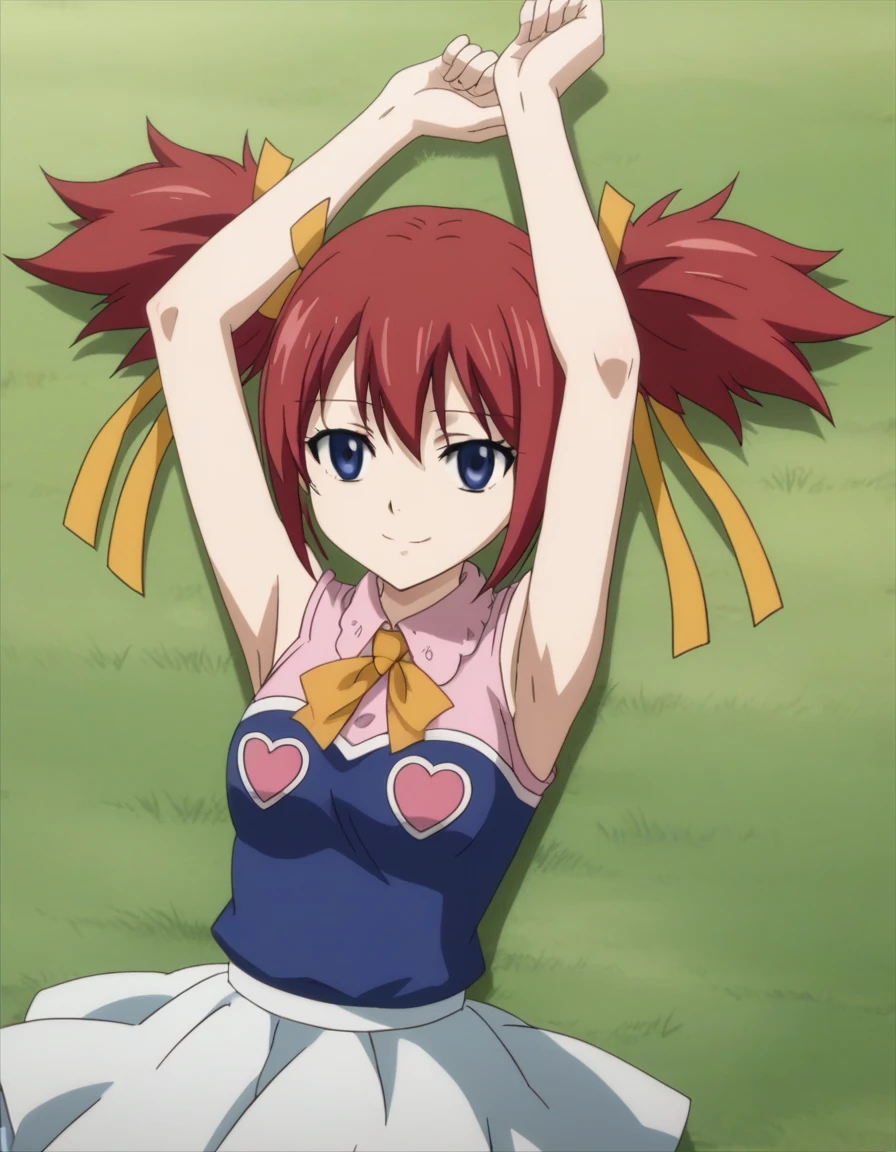 chelia_blendy, source_anime, rating_safe, intricate details, anime screencap, anime coloring, 1girl, solo, red hair, blue eyes, ribbon, hair ribbon, twintails, short twintails, looking at viewer, high quality, solo, lying, on back, arms up, spread arms, closed mouth, on grass, center, (cowboy shot:1.5), looking at viewer, suggestive smile, best quality