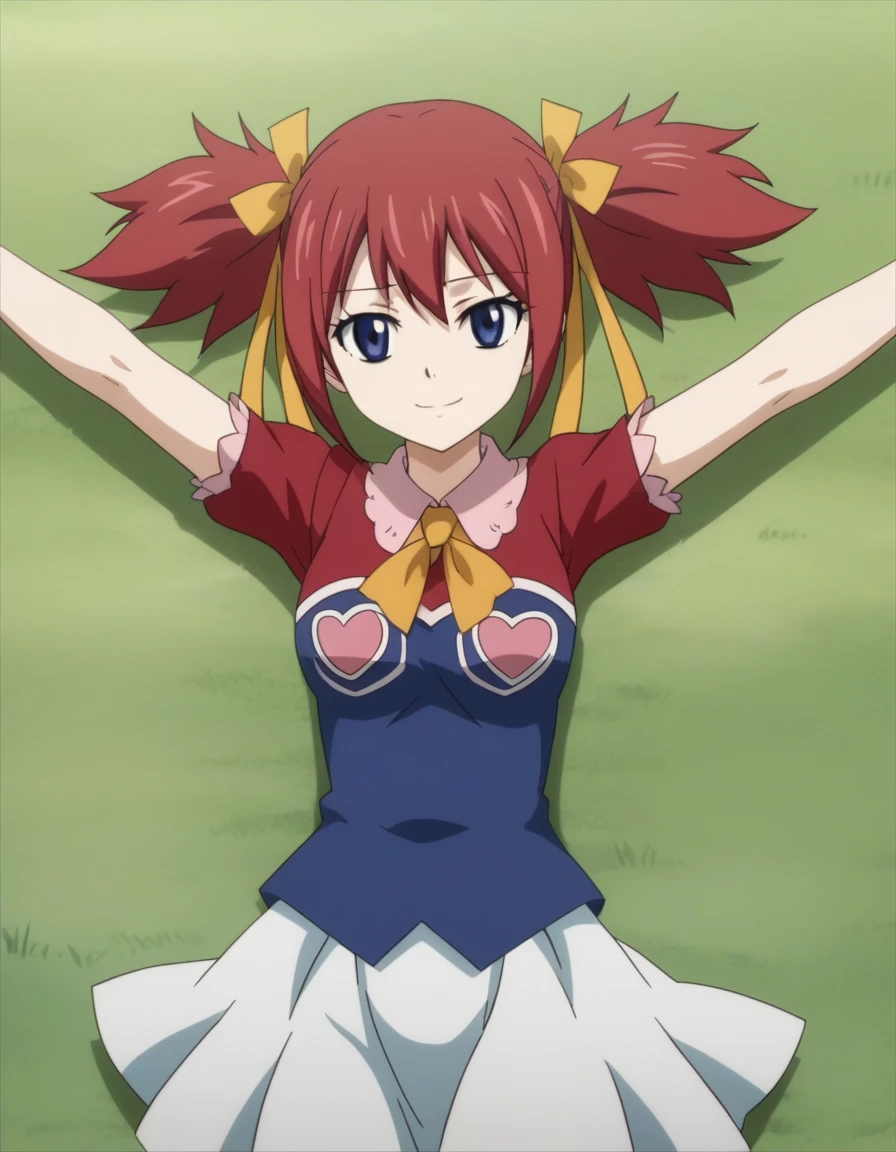 chelia_blendy, source_anime, rating_safe, intricate details, anime screencap, anime coloring, 1girl, solo,  red hair, blue eyes, ribbon, hair ribbon, twintails, short twintails, looking at viewer, high quality, solo, lying, on back, arms up, spread arms, closed mouth, on grass, center, (cowboy shot:1.5), looking at viewer, suggestive smile, best quality