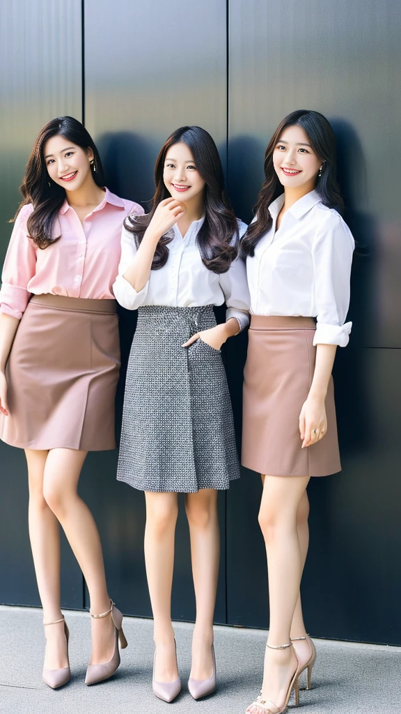 Three Asian women in short dresses taking a photo、細Long legs、sleek legs、Tall and thin、Wear tight、Simple clotheini skirt、Tall and thin、Tight clothing、良いお尻とLong legs、Korean female fashion model、Long legs、クロップトップとmini skirtを着用、Waist height、Office Clothes、(Highest quality、high resolution、High resolution、masterpiece:1.3)、Clear photos、Photos like the real thing、Beautiful woman、Perfect proportions、RAW Photos、Natural light、High heels、Brown medium long hair