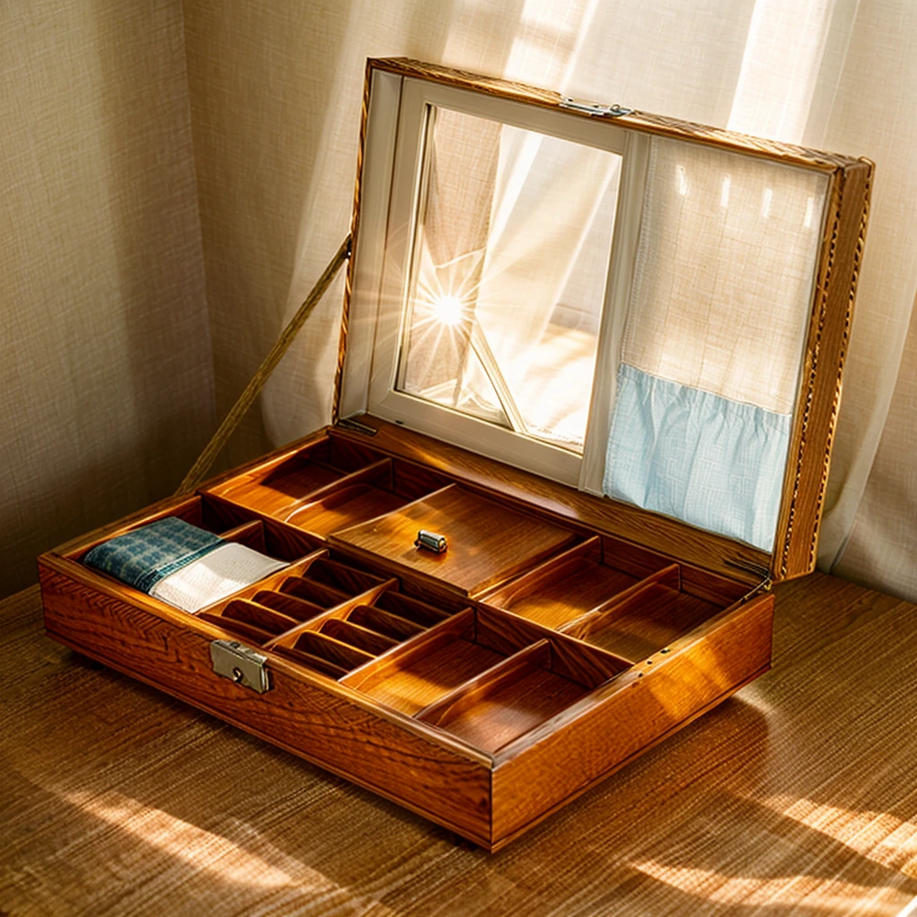 In this cozy room,A ray of sunlight shone through the half-drawn curtains on the table,Let the wood grain on the watch storage box shine with a faint luster。There was a calm and peaceful atmosphere in the air around them。There are several still lifes hanging on the walls of the room,It adds a touch of elegance to the space。And on the other side of the room,The half-open window lets in the breeze,The pages on the small desk by the window turned in the wind,This quiet scene gives a sense of tranquility and comfort。