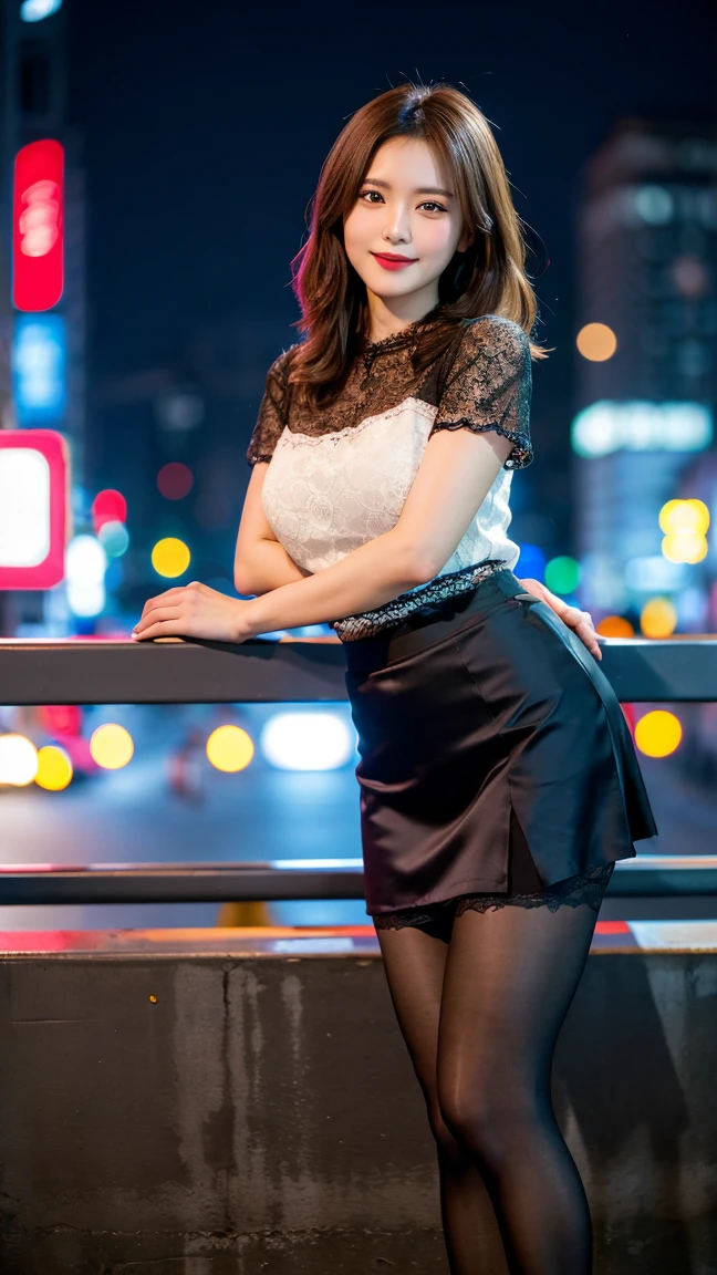 highest quality, masterpiece, 8K, ultra high resolution, (realistic: 1.4),  1 girl, beautiful face, symmetrical eyes, Japanese, smile, brown hair, perfect body proportions,  full body, smile , large breasts, high heels, wearing makeup , pantyhose, (tight laced fabric blouse), ((red lace fabric blouse)), ((silk black color skirt)), ((tight fitting skirt )), (laced short sleeve) , (city night, dark night, (blurred background), dim lights, cityscape,  in the dark, deep shadow, model pose , (legs shown: 1.3)