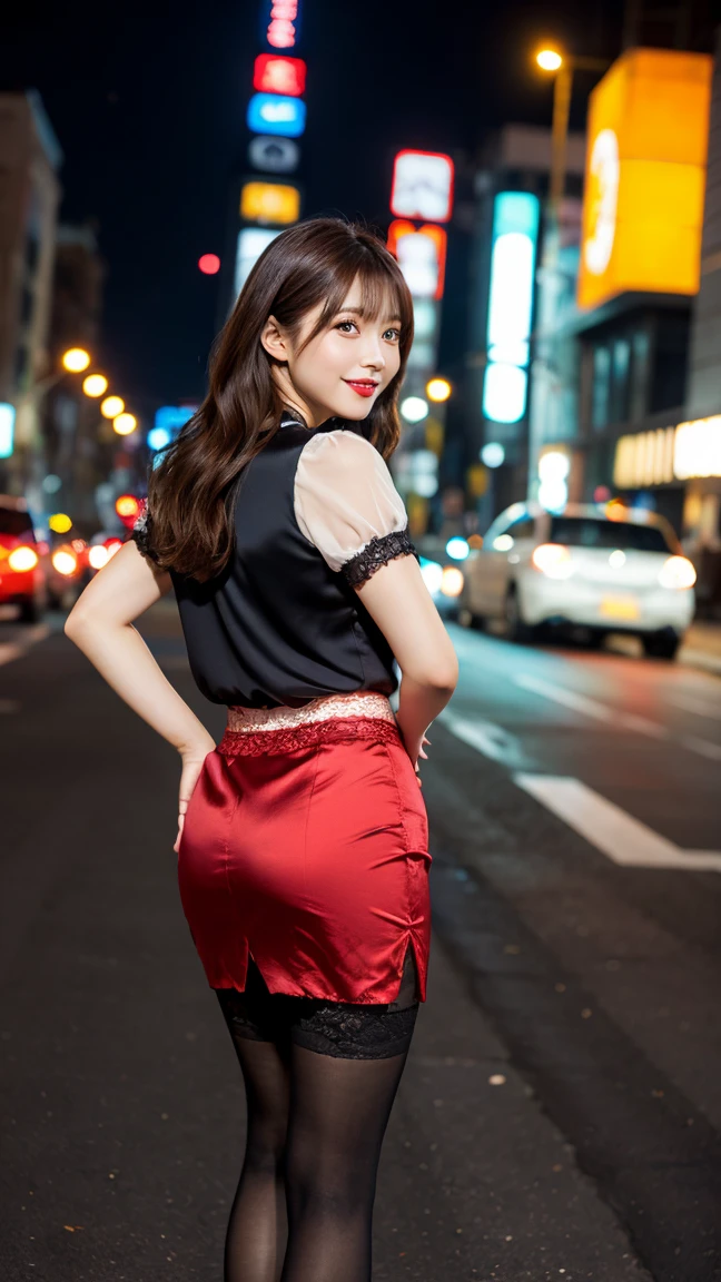 highest quality, masterpiece, 8K, ultra high resolution, (realistic: 1.4), 1 girl, beautiful face, symmetrical eyes, Japanese, smile, brown hair, perfect body proportions, full body, smile , large breasts, high heels, wearing makeup , pantyhose, (tight laced fabric blouse), ((red lace fabric blouse)), ((silk black color skirt)), ((tight fitting skirt )), (laced short sleeve) , (city night, dark night, (blurred background), dim lights, cityscape, in the dark, deep shadow, model pose , (legs shown: 1.3)