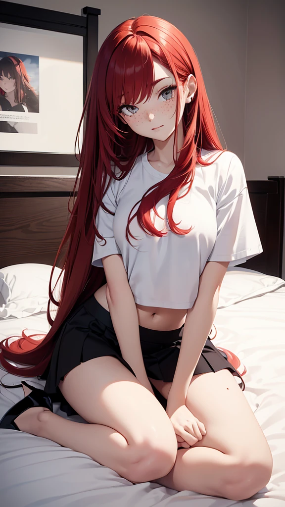 Beautiful woman, full body, red hair, long hair, black eyes, freckles on face, white shirt, black edges shirt, blue mini skirt, white edges mini skirt, high heels, two-tone edge mini skirt, lying on the bed, embarrassed