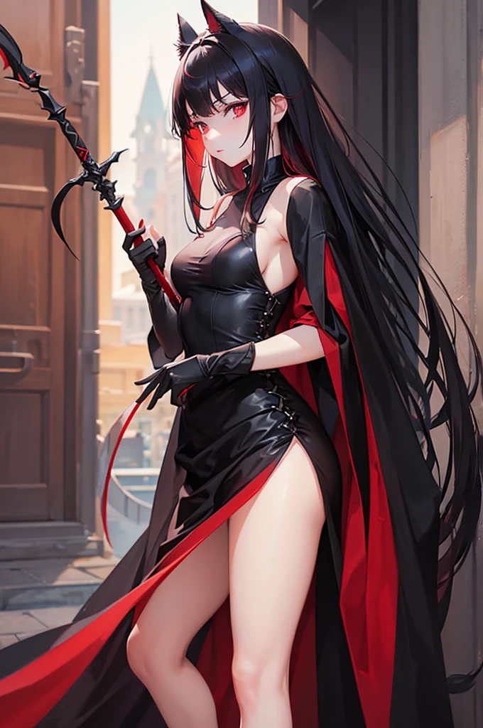 ((best quality)), ((masterpiece)), (detailed), perfect face, Character design, female, long black hair, wearing a black angelic dress with silver details, white eyes, small frame, very skinny, detailed, best quality, no accesoires around the neck, no shoes, prominent collarbones, skinny arms, flat stomach, visible hip bones, full body, fangs, pale skin, angelic, small waist, assassin, bloody scene, holding a katana, assassin