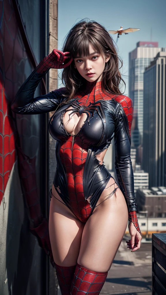 nsfw:1.1((Cowboy Shot))、Mature Woman、(masterpiece, Highest quality), Intricate details, 8K, 1 Girl, Long Hair, Bowl Cut Hair,((blunt bangs))、 Black Hair,((Spiderman Suit)),Skyscraper, city, building,street,((Delicate painting))，(Detailed RAW photos of girls), (Pieces fly:1.25), (Highest quality:1.6), (Ultra-high resolution:1.5), (Photorealistic:1.75), 8K resolution, Canon EOS R5, 50mm, Confused, Very detailed,Cinema Lighting、(((Super big breasts)))、Leg spread、The abdomen is visible、((Separate suits))、Spider knee-high socks、Sexy pose、spiderman bikini、(((Ripped and tattered suit:1.1)))